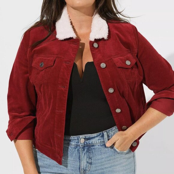 Torrid Corduroy Sherpa Collar Trucker Jacket - Rhubarb 00 Plus Size / M/L 10 NWT - Picture 1 of 10
